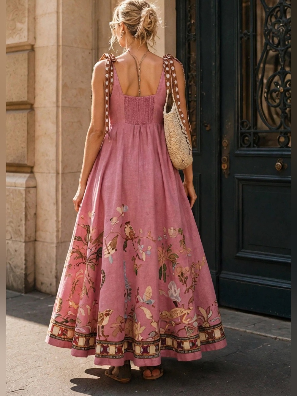 ALÉMAIS Zuri Linen Ballet Midi Sundress Pink Floral Tie-Shoulder size US 2 - Picture 4 of 9